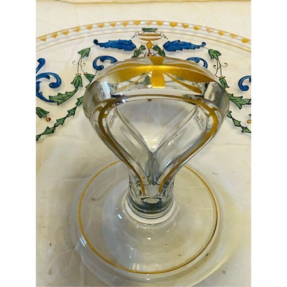 Vintage Minton Clear Glass Blue, Green & Gold Hand Painted Dish